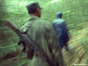 A wildlife ranger wearing a long gun follows a bonobo tracker in a forest during a rainstorm